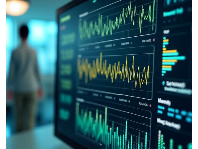 Detailný pohľad na dátový dashboard s grafmi ukazujúcimi biometrické údaje: HRV, glukóza, spánkové cykly. Digitálne rozhranie s rôznofarebnými dátovými vizualizáciami symbolizujúcimi pokročilé monitorovanie zdravia.