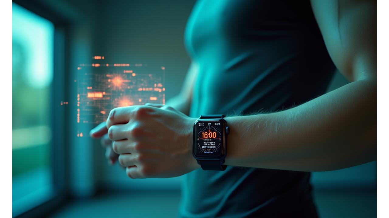 Osoba používajúca inteligentné hodinky a ďalšiu nositeľnú technológiu pre sledovanie zdravia a výkonu s hologramovou projekciou dát.