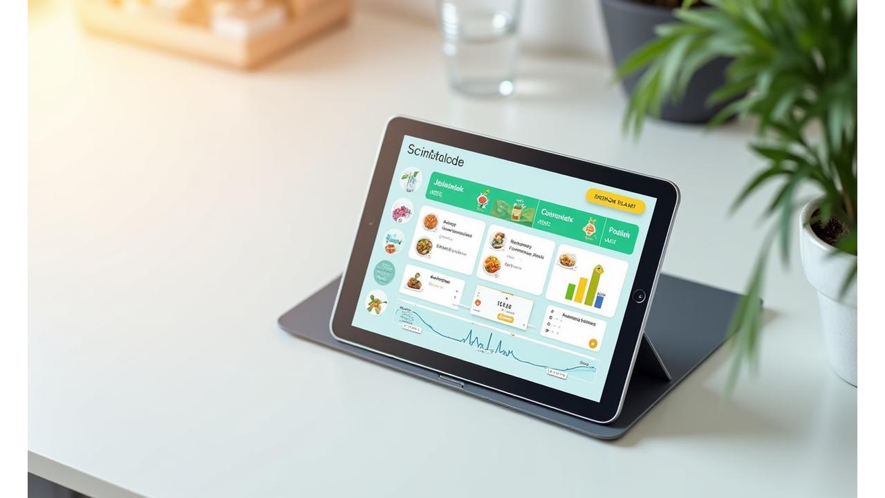 Personalizovaný nutričný plán na tablete s ikonami jedla, športu a časovej osi pokroku