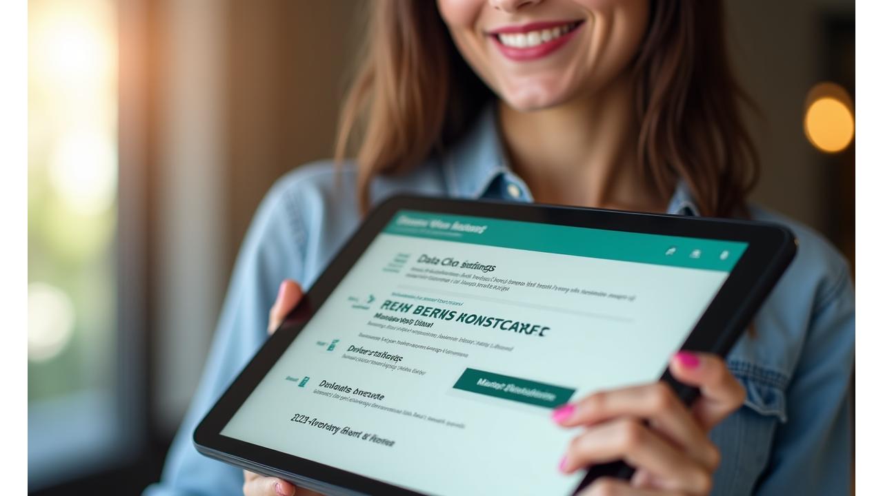 Žena drží tablet so zobrazeným užívateľským rozhraním Štíhle Cesty s možnosťou úpravy osobných údajov, symbolizujúce kontrolu užívateľov nad dátami.