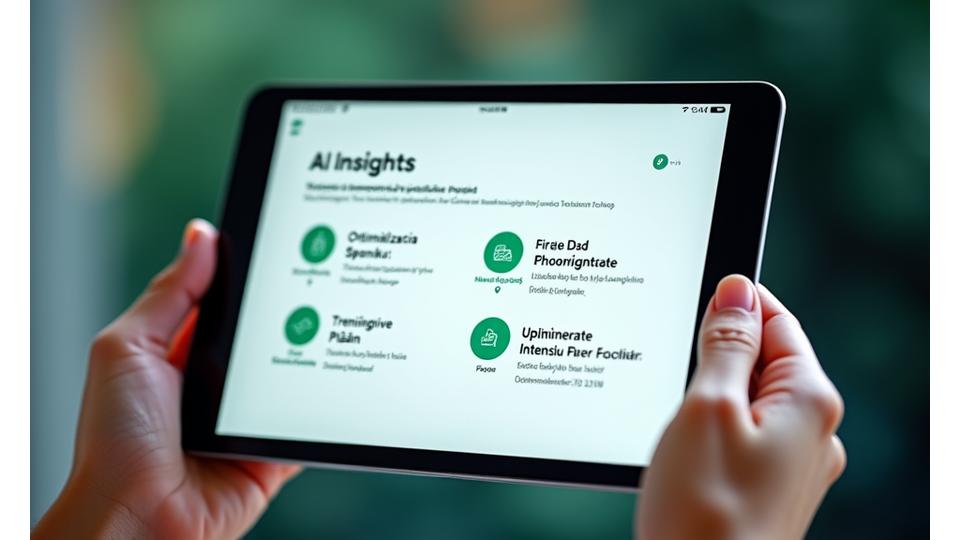 Moderná obrazovka tabletu zobrazujúca AI-generované personalizované odporúčania pre optimalizáciu spánku a tréningu, s ikonami pre vylepšenú efektivitu