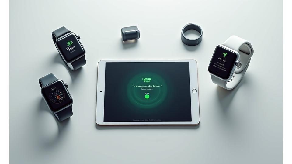 Množstvo fitness náramkov a smart hodiniek ako Apple Watch, Fitbit, Garmin na stole, prepojené s aplikáciou Štíhle Cesty na tablete