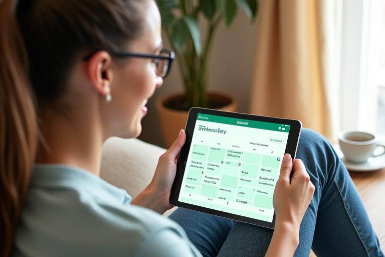 Žena používa tablet na plánovanie tréningov v aplikácii Štíhle Cesty, zdôrazňuje flexibilný rozvrh